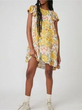 Free People Yellow Floral Flutter Sleeve Dress